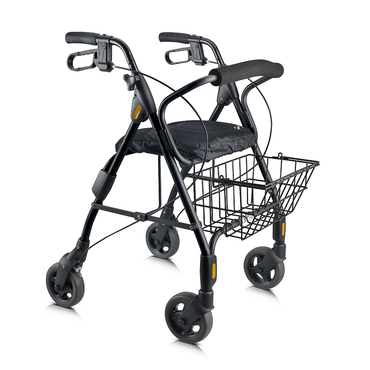 The Evolution Sprite Ultralight Shopping Rollator features four wheels, hand brakes, a padded seat, and an XL metal wire basket underneath for extra storage.