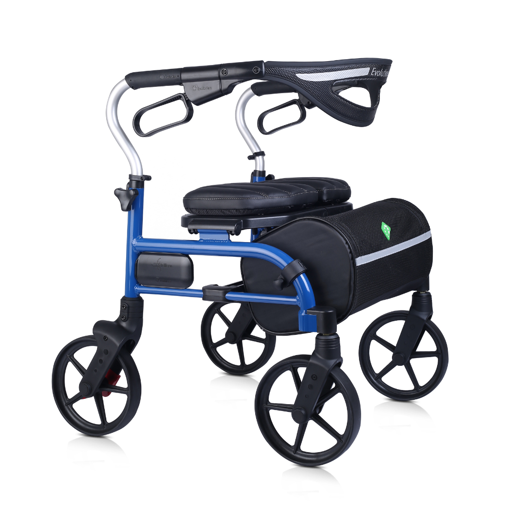 The Evolution Trillium Ultralight Folding Rollator features a blue and black frame, four large wheels, a padded seat, handlebar brakes, and a mesh storage bag located under the seat.