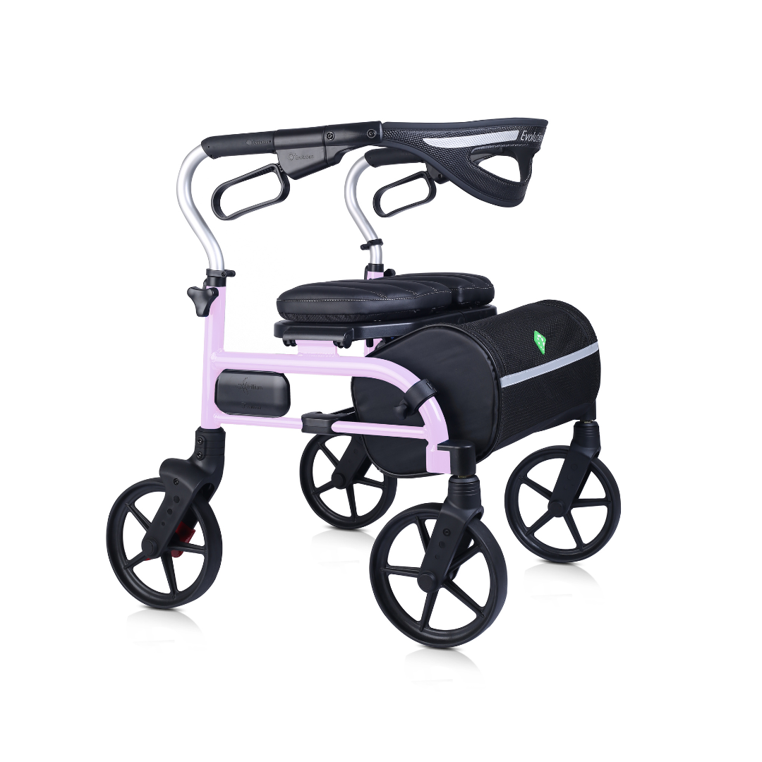 The Evolution Trillium Ultralight Folding Rollator features four wheels, a pink frame, black seat, storage pouch, hand brakes, and armrests—offering convenient and lightweight mobility assistance.