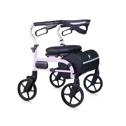 The Evolution Trillium Ultralight Folding Rollator features four wheels, a pink frame, black seat, storage pouch, hand brakes, and armrests—offering convenient and lightweight mobility assistance.