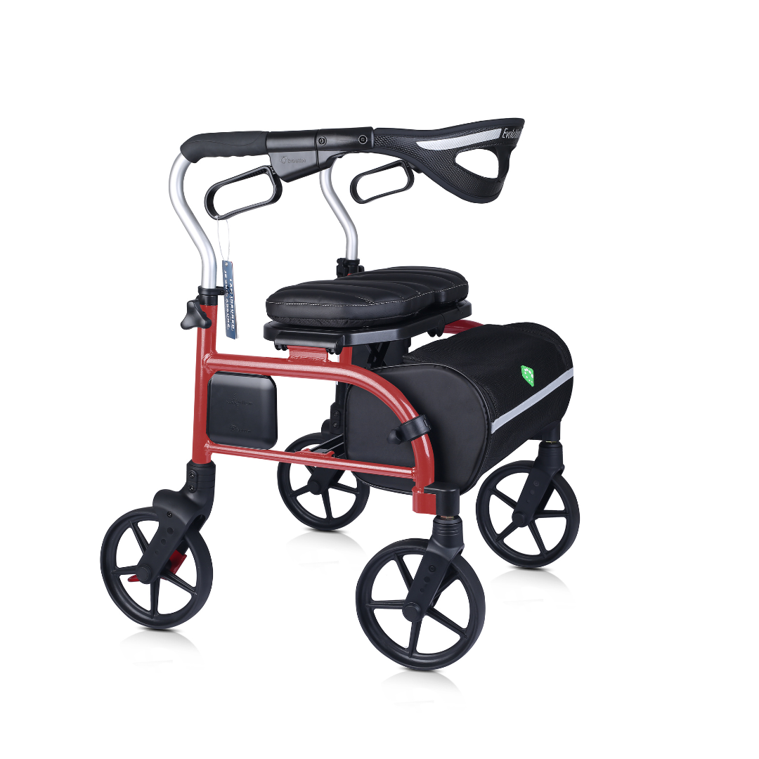 The Evolution Trillium Ultralight Folding Rollator is a modern red and black rollator with four large wheels, padded seat, ergonomic handlebars, under-seat storage, and a lightweight design that folds easily for convenient transport and storage.