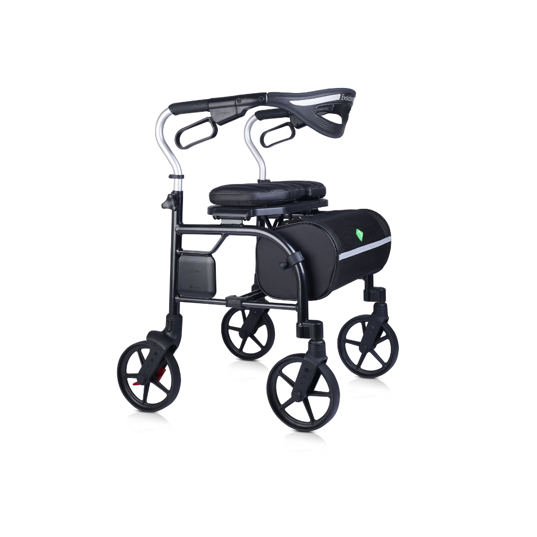 The Evolution Trillium Ultralight Folding Rollator in black features four wheels, a padded seat, hand brakes, and a detachable storage bag. This lightweight rollator is shown on a white background.