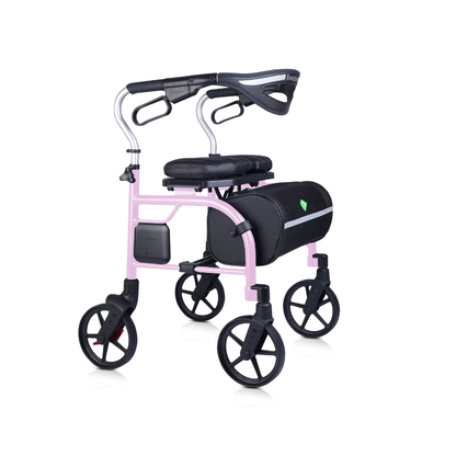 The Evolution Trillium Ultralight Folding Rollator offers stylish mobility in modern pink, featuring four black wheels, a padded seat, curved handlebars, and a black storage bag under the seat—perfect for convenient assistance.