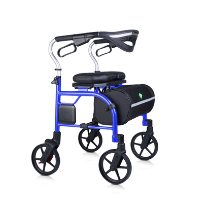 The Evolution Trillium Ultralight Folding Rollator is a premium blue walker with four black wheels, padded seat, curved handles with brakes, and a detachable black storage bag under the seat.