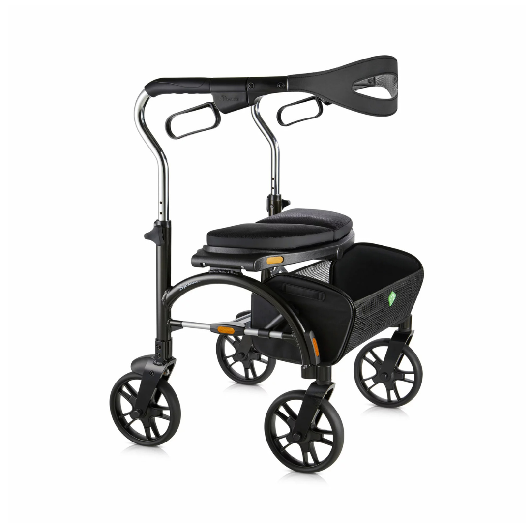 The Evolution Xpresso Wide Bariatric Rollator is a modern black walker with four wheels, an adjustable padded seat, curved handles, a large basket underneath, and a unique headrest or support arm extending from the handle area.