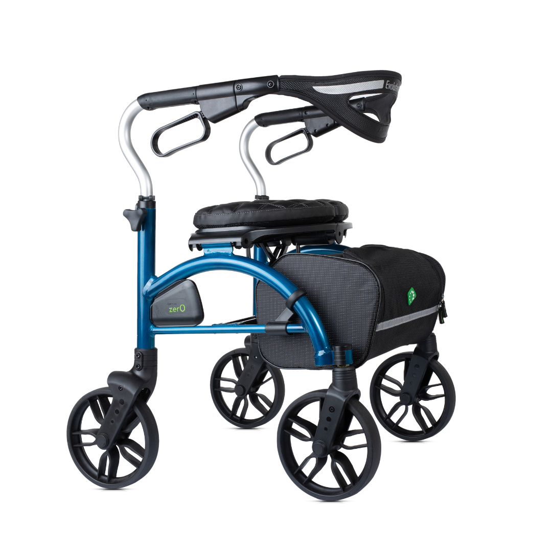 The Evolution Xpresso Zero Lightweight Rollator is a blue and black, cable-free, four-wheel walker with curved brake handles, a padded seat, and a roomy storage bag—perfect for comfortable and convenient mobility.