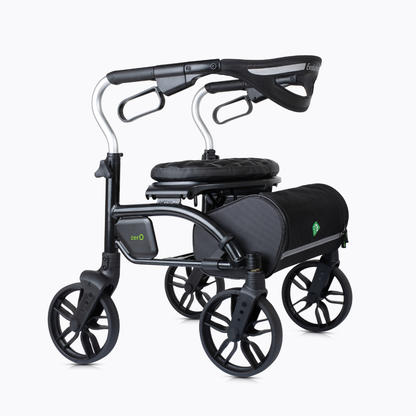 The Evolution Xpresso Zero Lightweight Rollator is a modern, cable-free mobility aid with four large wheels, a cushioned seat, curved backrest, and detachable storage bag for reliable support.