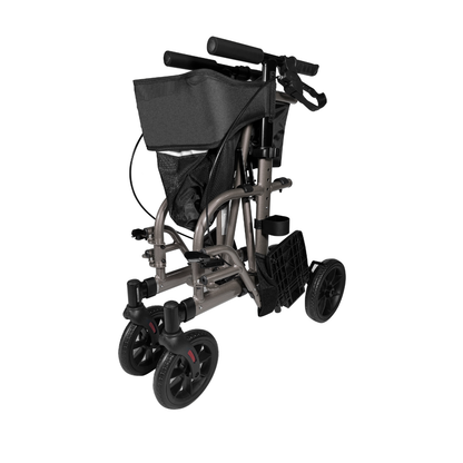The Evolution Sierra Explorer 2-in-1 Hybrid Walker Wheelchair is a lightweight, foldable device with four wheels and a storage pouch, shown compact and upright on a white background.