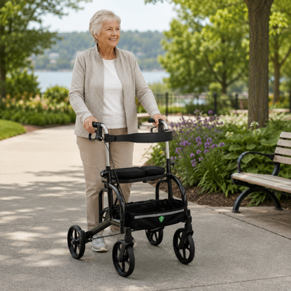 An older woman with short gray hair smiles as she walks outdoors by a lakeside path using the Evolution Sierra Air Lightweight Folding Rollator—just 15 lbs. She wears light clothes, surrounded by trees and flowers on a sunny day.