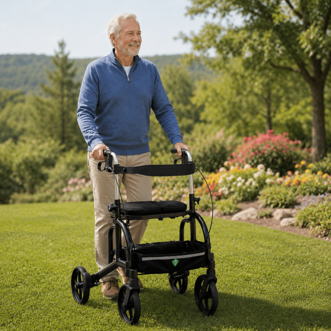 A gray-haired man in a blue sweater and beige pants smiles while using the Evolution Sierra Air Lightweight Folding Rollator (only 15 lbs) on a grassy lawn, colorful flowers and trees in the background.