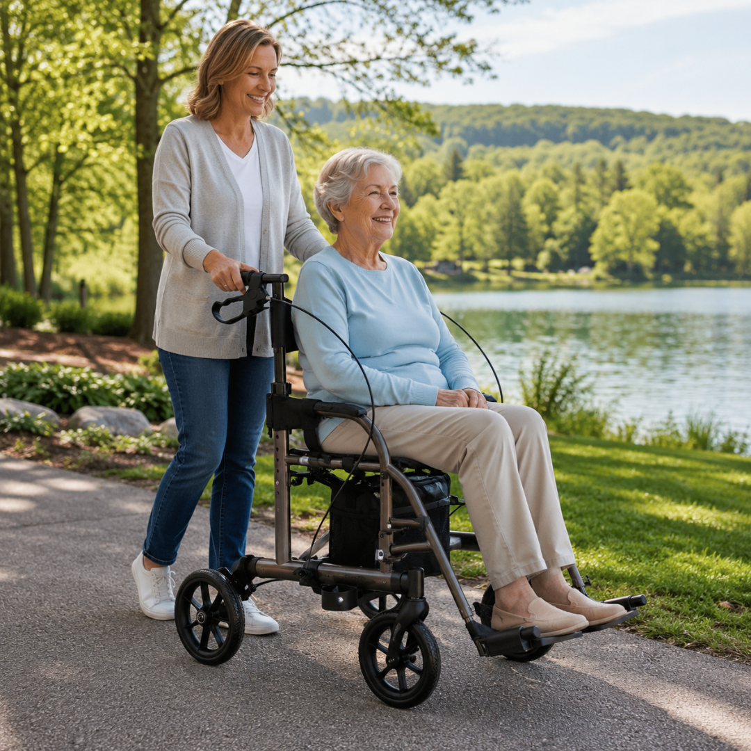 A younger woman pushes an older woman in an Evolution Sierra Explorer 2-in-1 Hybrid Walker Wheelchair along a lakeside path surrounded by greenery on a sunny day. Both look content as they enjoy outdoor mobility together.