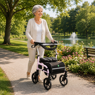 An older woman smiles as she walks on a sunny park path, flowers and trees around her, using the Evolution Trillium Ultralight Folding Rollator. A pond and fountain appear in the background.