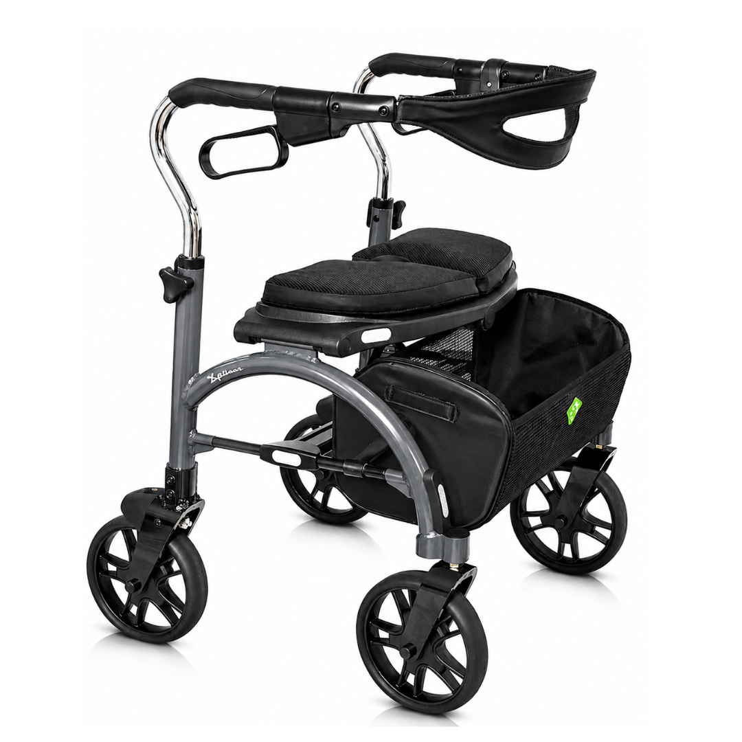 The Evolution Xpresso Wide Bariatric Rollator features a black and silver frame, four large wheels, ergonomic handles, a padded seat, and an under-seat storage basket—ideal for sturdy, modern mobility assistance.