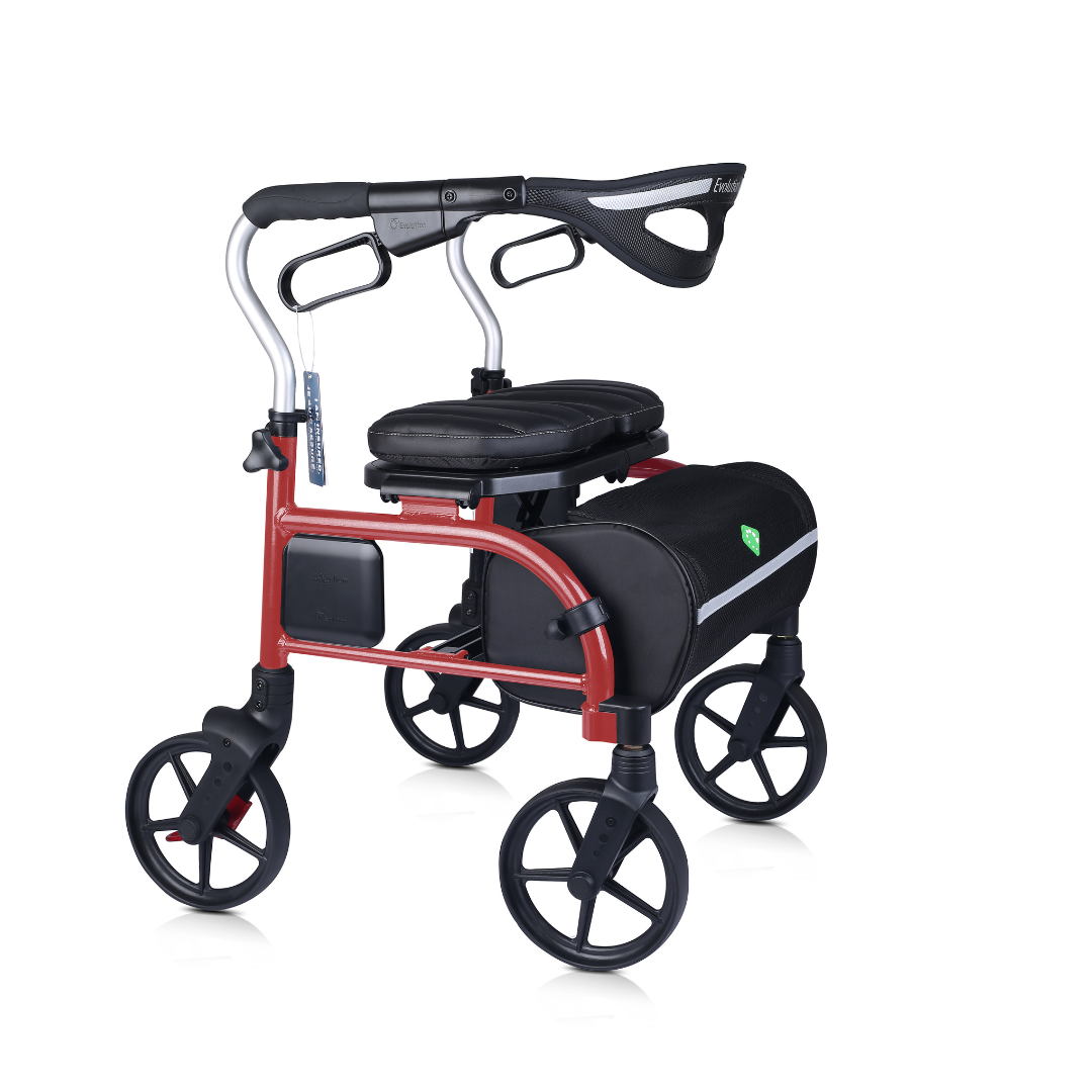 The Evolution Xpresso Zero Lightweight Rollator offers comfortable mobility with large wheels, a padded seat, curved backrest, storage bag, and a stylish red and black design.