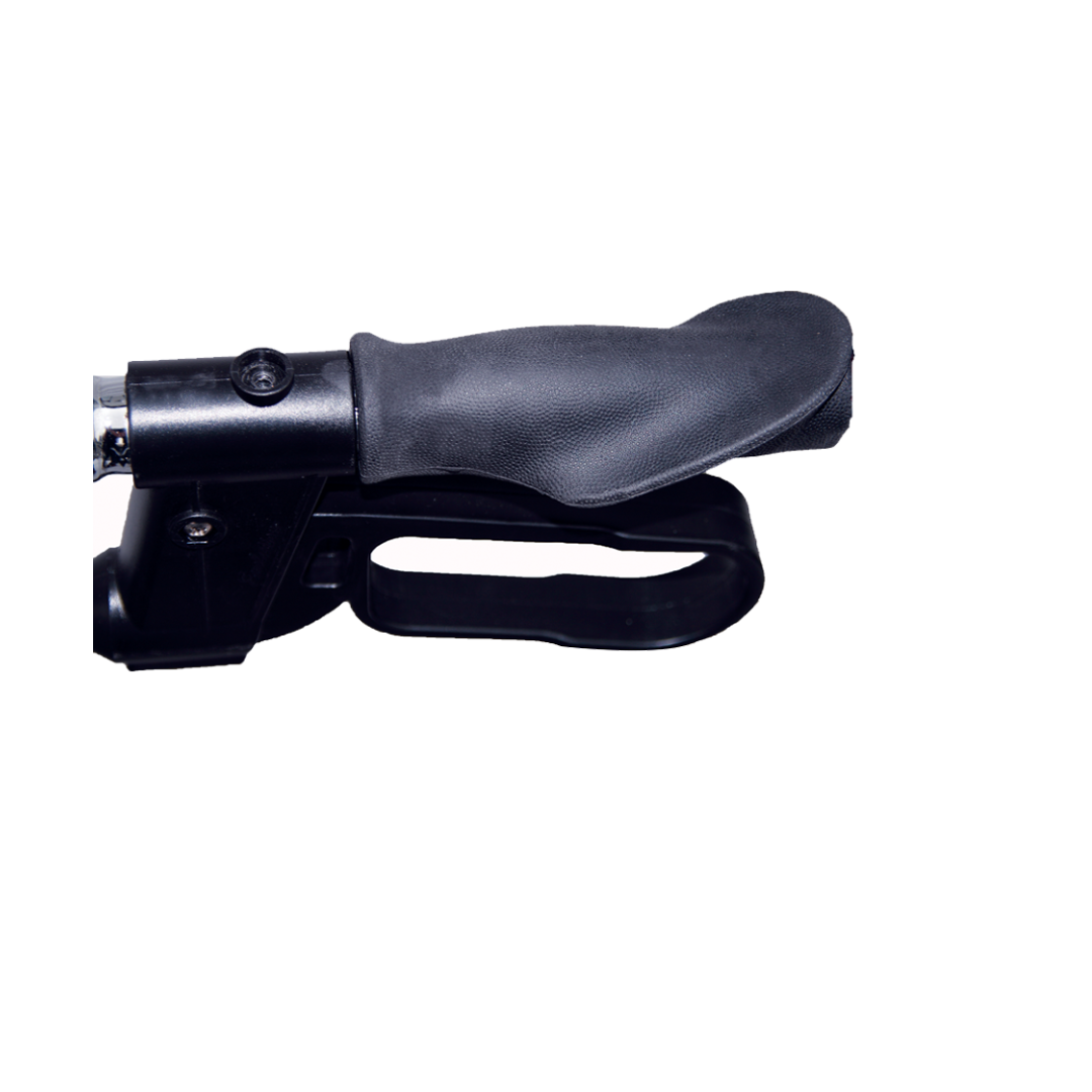 Close-up of a black plastic and metal handlebar grip with an attached brake lever, like those on the Evolution Xpresso Zero Lightweight Rollator, set against a white background.