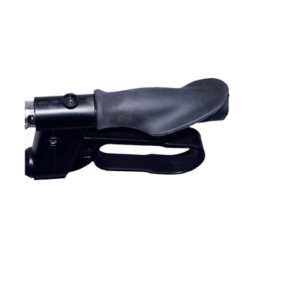 Close-up of a black plastic and metal handlebar grip with an attached brake lever, like those on the Evolution Xpresso Zero Lightweight Rollator, set against a white background.