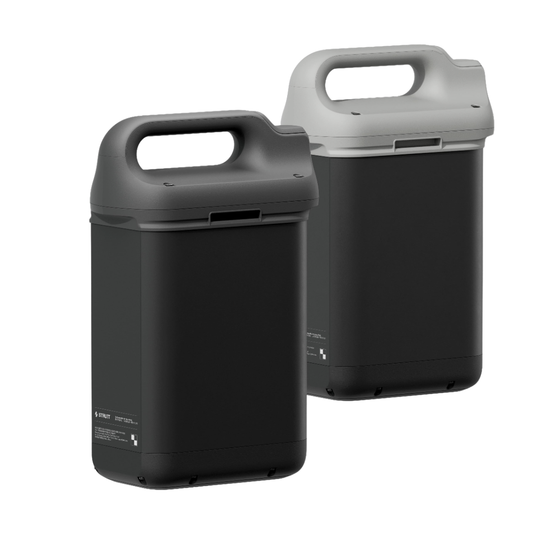 Two rectangular, black Extra Batteries designed for Strutt ev1 compatibility are shown upright. Each features a large top handle and a modern, minimal design—one with a dark gray lid and the other with a light gray lid. Available in both Long-Range and Flight-Safe Battery configurations.