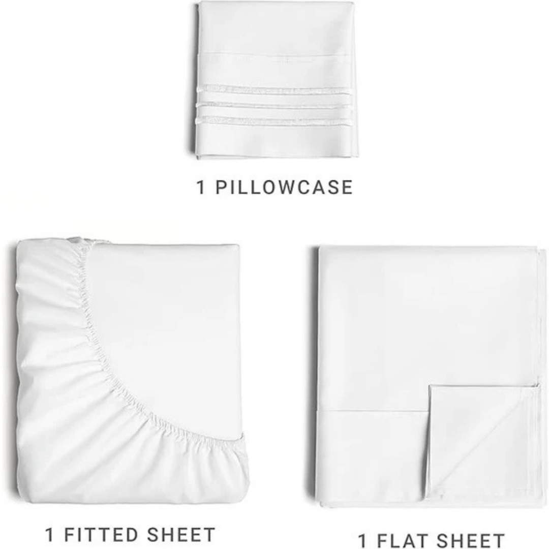 Ez Elite Comfort Twin / Twin XL Size Sheet Set including a folded pillowcase, a fitted sheet with elastic edges, and a flat sheet.