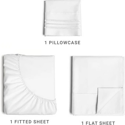 Ez Elite Comfort Twin / Twin XL Size Sheet Set including a folded pillowcase, a fitted sheet with elastic edges, and a flat sheet.