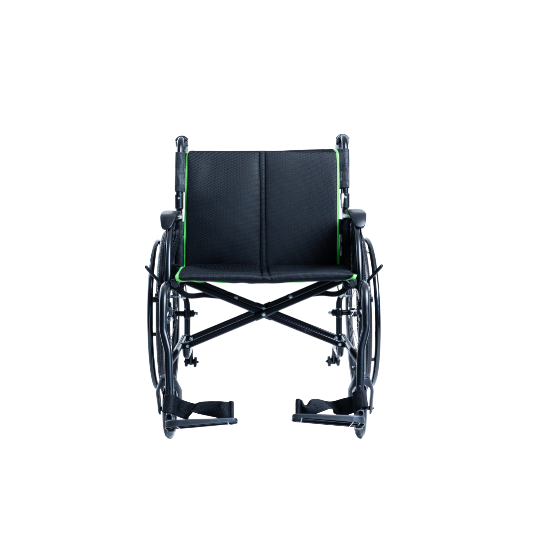The Feather HD Ultralight Bariatric Wheelchair (only 22 lbs) is shown from the front in black with green trim against a white background. The seat, armrests, and empty footrests are clearly visible.