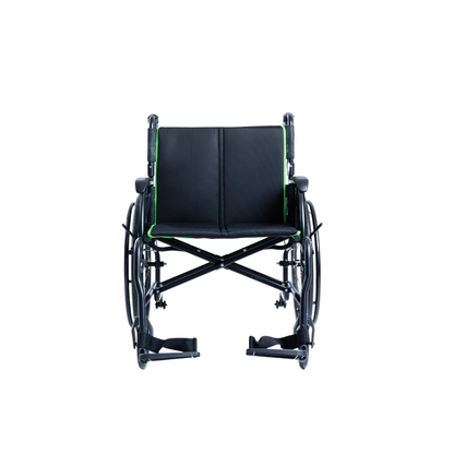 The Feather HD Ultralight Bariatric Wheelchair (only 22 lbs) is shown from the front in black with green trim against a white background. The seat, armrests, and empty footrests are clearly visible.