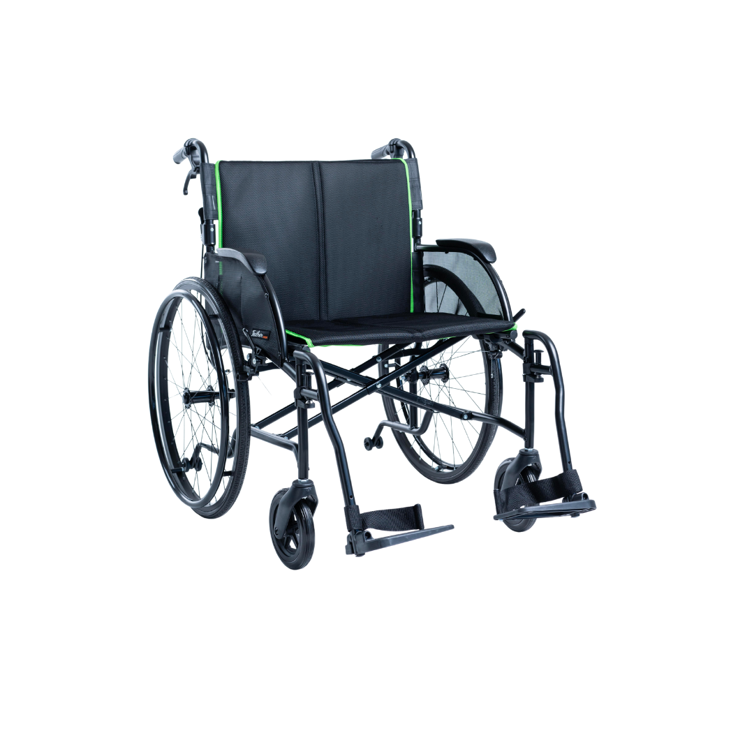 The Feather HD Ultralight Bariatric Wheelchair, weighing only 22 lbs, is shown in black and green with large rear wheels, hand grips, cushioned seat and backrest, armrests, and footrests against a white background.