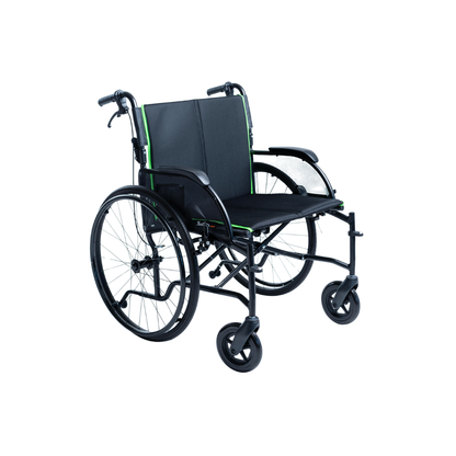 The Feather HD Ultralight Bariatric Wheelchair (22 lbs) is a black, 24-inch manual model with large rear wheels, small front casters, armrests, and cushioned seat and backrest, shown against a white background.