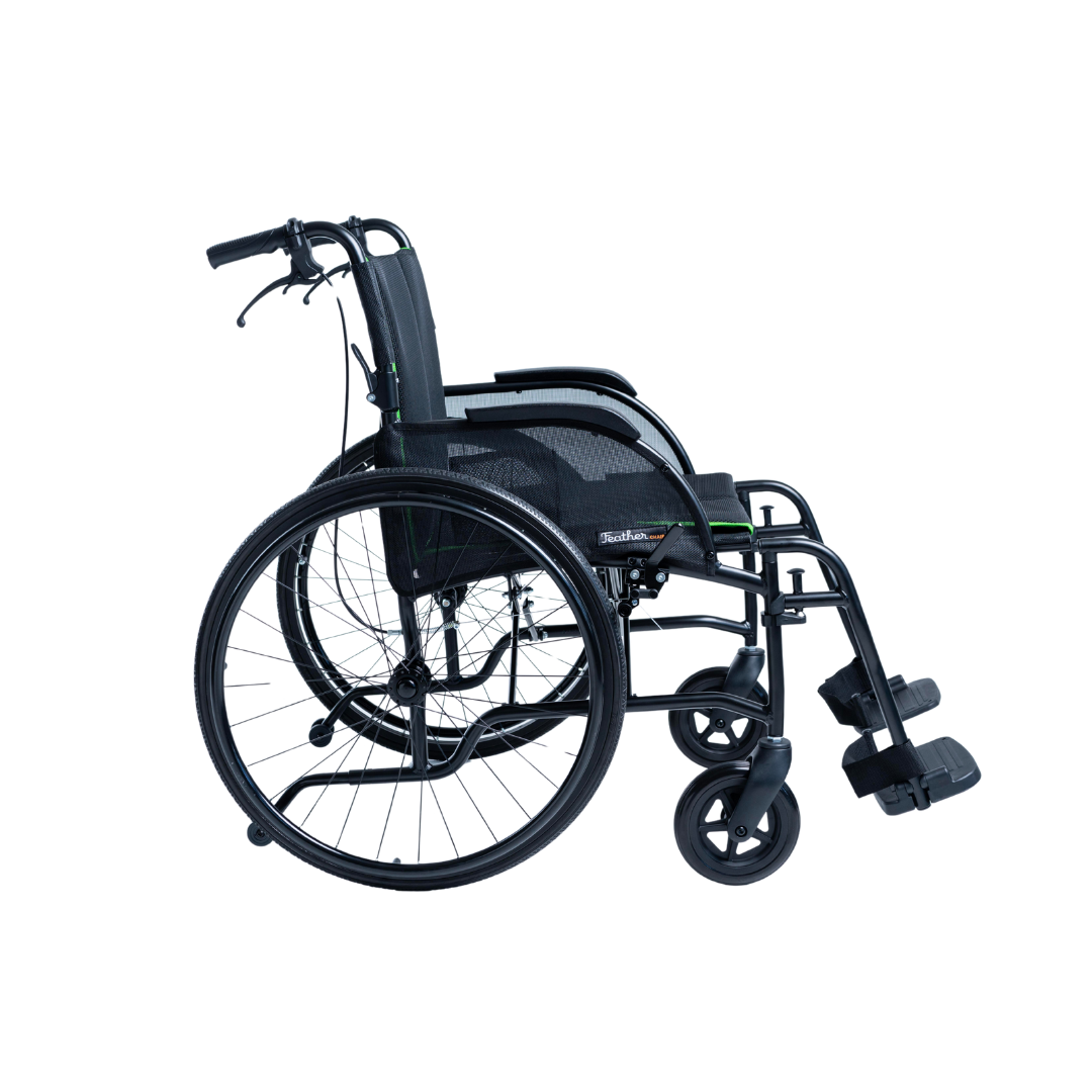 The Feather HD Ultralight Bariatric Wheelchair (22 lbs) in black, featuring armrests, footrests, and large rear wheels, is shown from the side on a white background.
