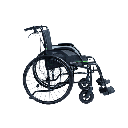 The Feather HD Ultralight Bariatric Wheelchair (22 lbs) in black, featuring armrests, footrests, and large rear wheels, is shown from the side on a white background.