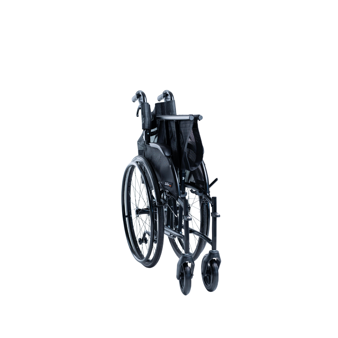 The Feather HD Ultralight Bariatric Wheelchair (22 lbs) is shown in black, featuring large rear wheels, small front wheels, push handles, and a fabric seat against a plain white background.