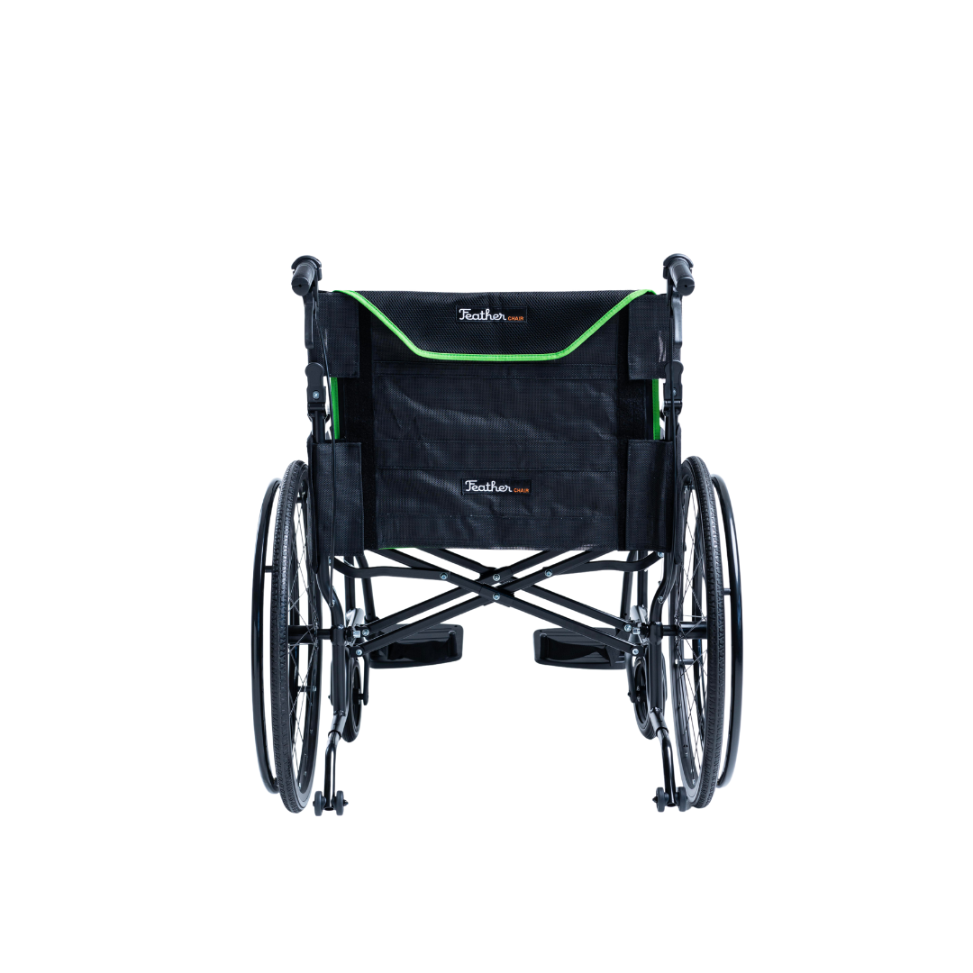 The Feather HD Ultralight Bariatric Wheelchair - Only 22 lbs, features a black frame with green trim, 24-inch wheels, raised footrests, and a backrest pocket—ideal for anyone seeking a sturdy yet spacious lightweight wheelchair.