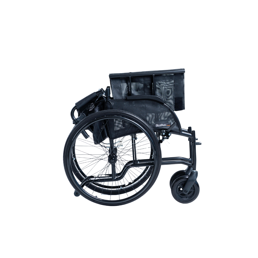 The Feather HD Ultralight Bariatric Wheelchair - Only 22 lbs, shown folded from the side against a white background, features an extra-wide black frame for easy storage or transport.