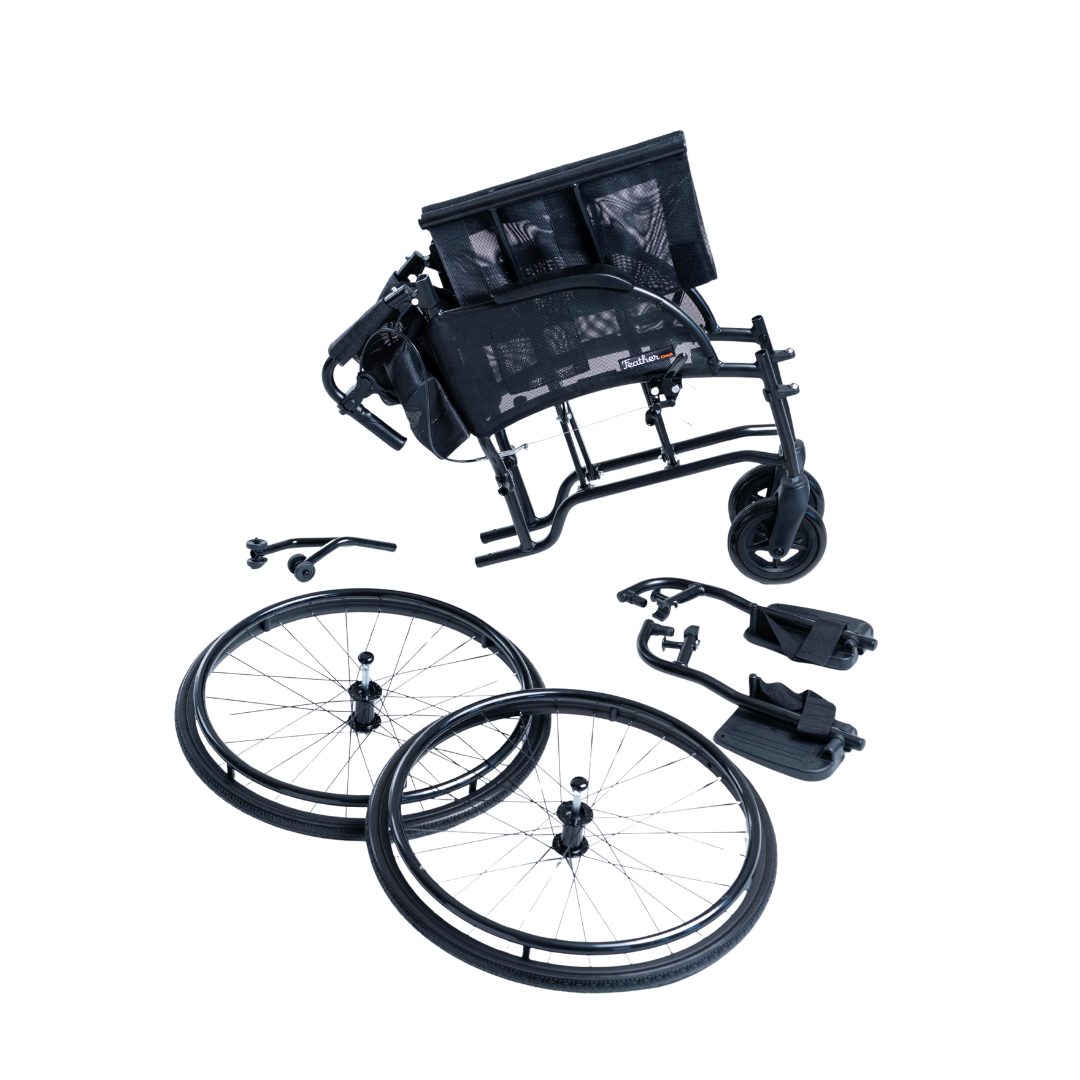 The Feather HD Ultralight Bariatric Wheelchair (only 22 lbs) is shown folded with detached parts—two large rear wheels, two footrests, and smaller components—displayed separately on a white background.