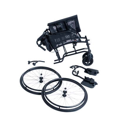 The Feather HD Ultralight Bariatric Wheelchair (only 22 lbs) is shown folded with detached parts—two large rear wheels, two footrests, and smaller components—displayed separately on a white background.