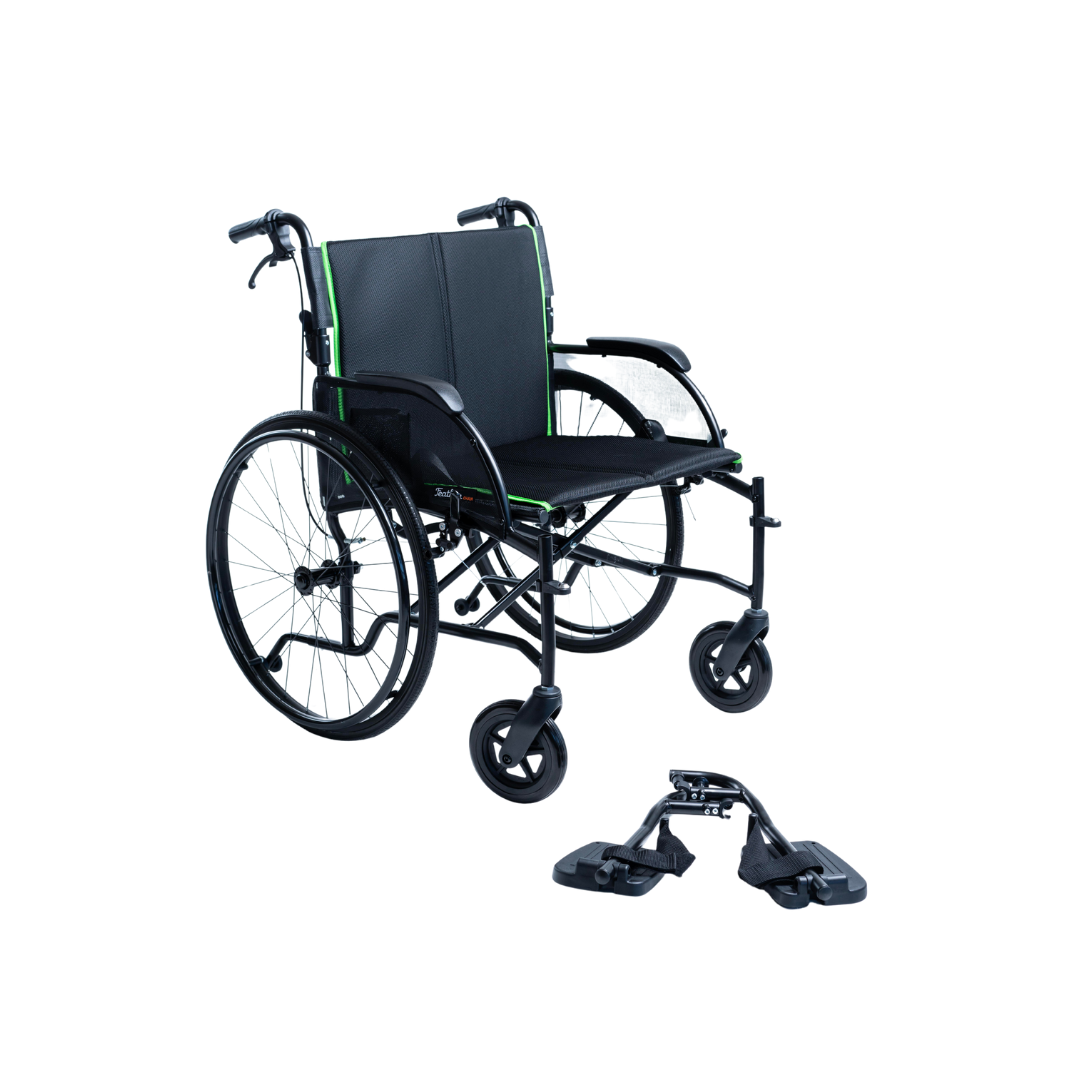 The Feather HD Ultralight Bariatric Wheelchair, weighing only 22 lbs, is a black manual model with large 24-inch rear wheels, small front wheels, green accents, and detached footrests positioned on the ground in front of its extra-wide frame.