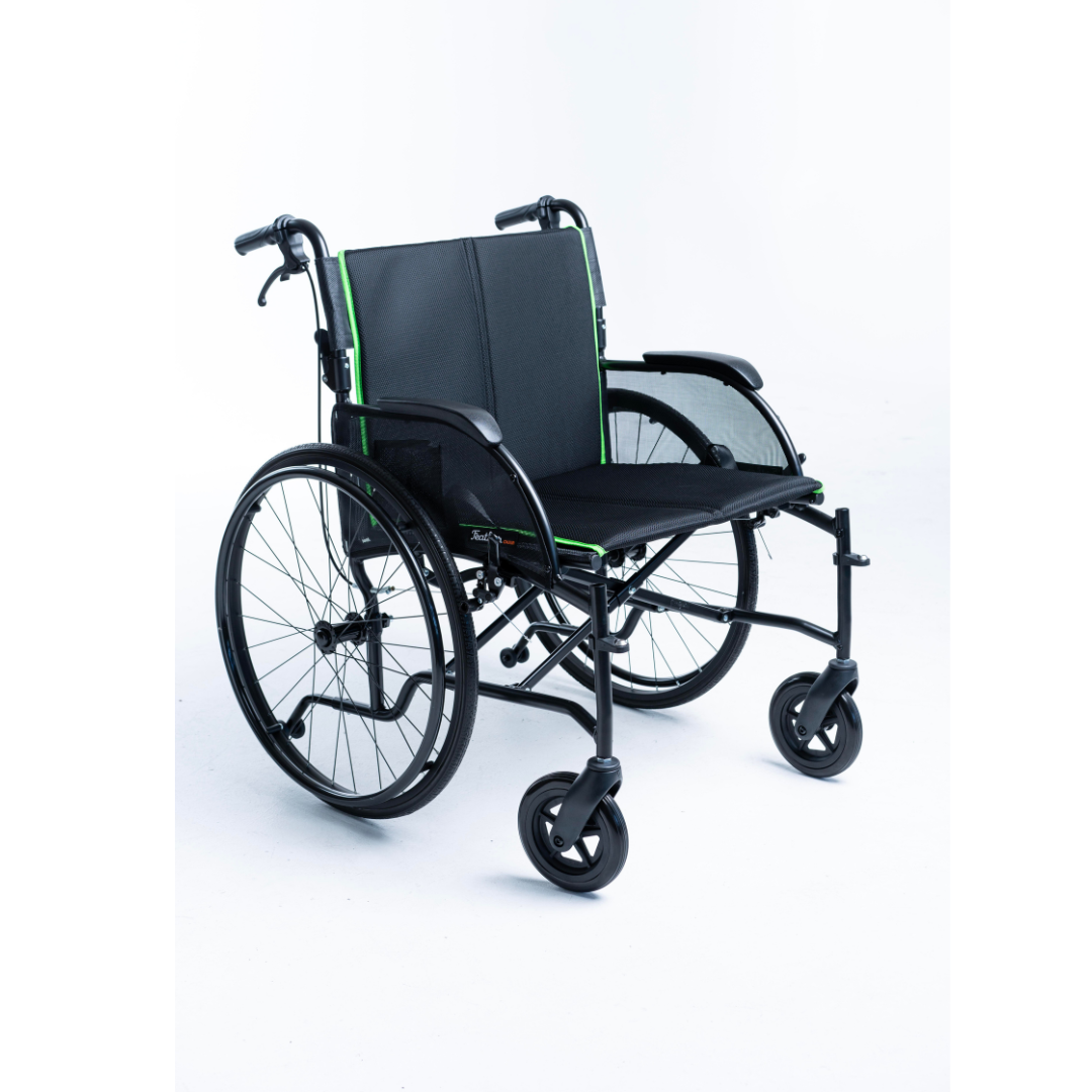 The Feather HD Ultralight Bariatric Wheelchair—only 22 lbs—is a black manual wheelchair with green accents, large rear wheels, and small front casters, offering extra-wide comfort for those seeking a 24-inch wheelchair.