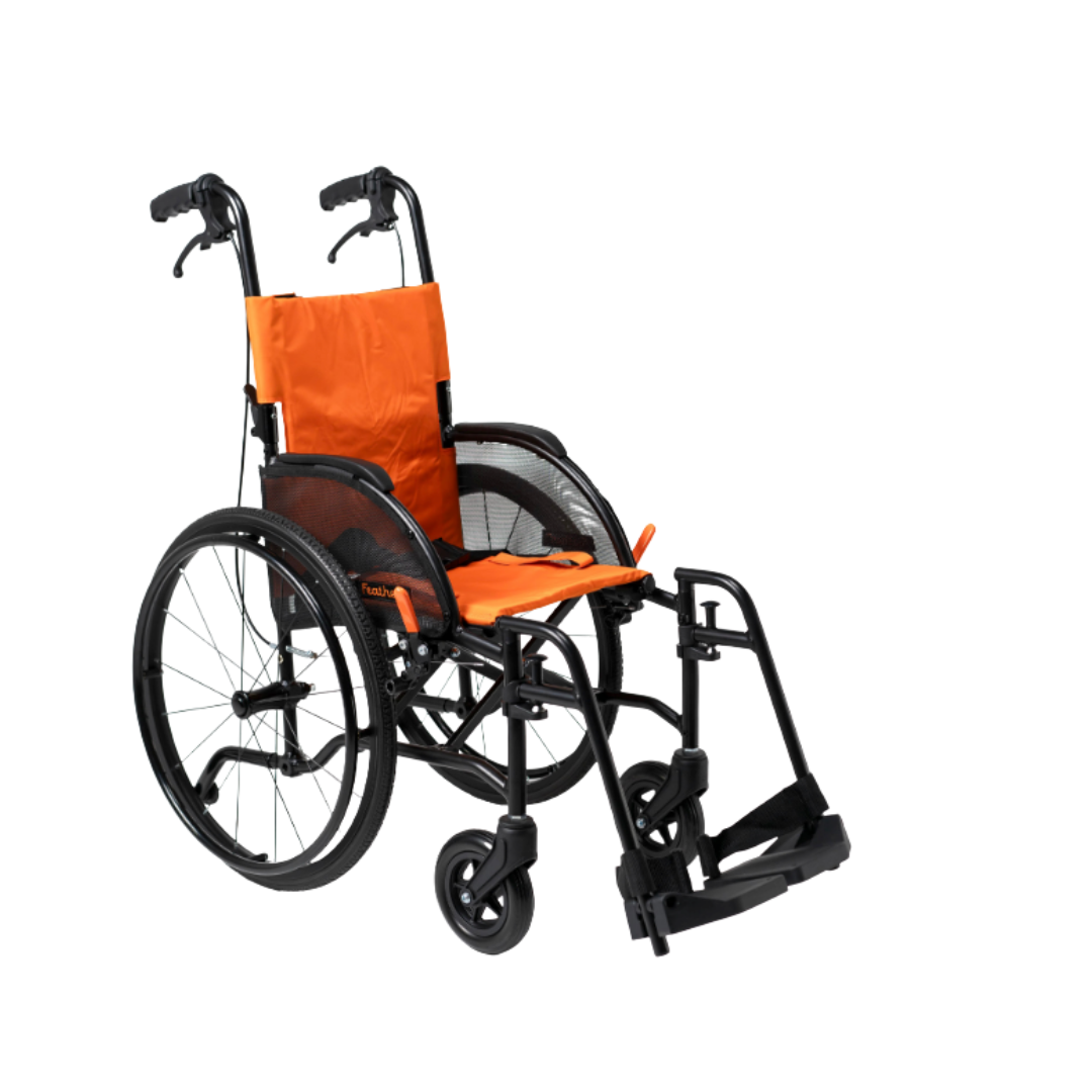 The Feather Kids Wheelchair - Ultralite with Quick-Release Wheels features a bright orange seat and backrest, black frame, large rear wheels, and small front wheels, shown angled against a white background.