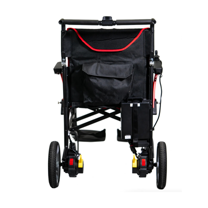 Rear view of the Feather Powerchair—Ultralight Travel Approved Electric Wheelchair (only 33 lbs)—in black/red, with large rear wheels, visible side battery pack, and backrest storage pocket, shown against a white background.