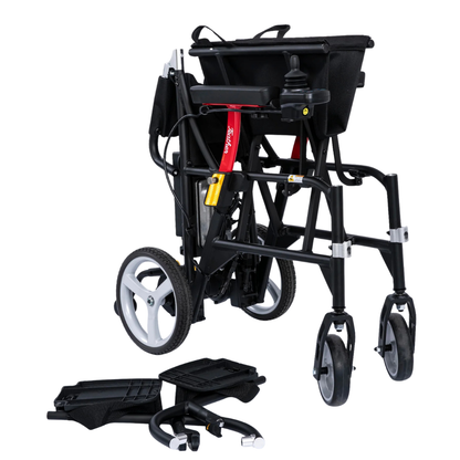 The Feather Powerchair, an ultralight travel-approved electric wheelchair weighing just 33 lbs, is shown folded for transport with its detachable footrests and armrests placed nearby.