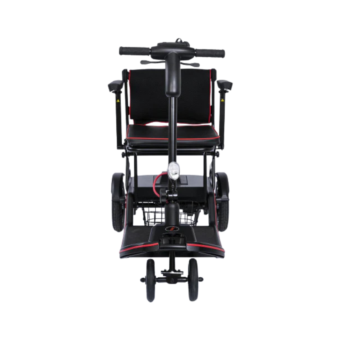 The Feather Ultralite Portable Scooter - Only 37 lbs is a compact black and red folding mobility scooter with seat, armrests, handlebar, and basket, shown from the front on a white background—designed for convenient travel.