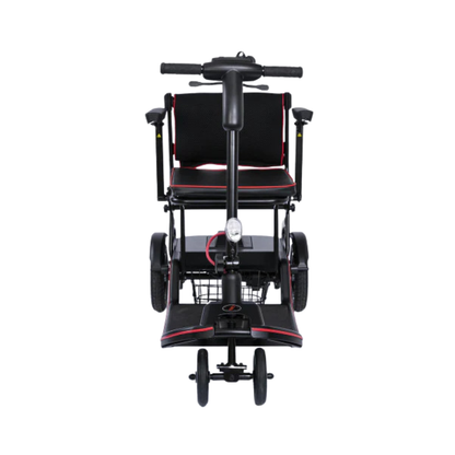 The Feather Ultralite Portable Scooter - Only 37 lbs is a compact black and red folding mobility scooter with seat, armrests, handlebar, and basket, shown from the front on a white background—designed for convenient travel.