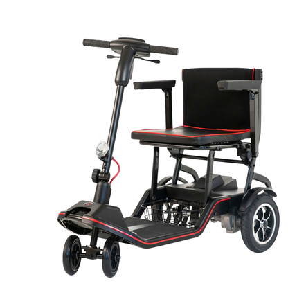 The Feather Ultralite Portable Scooter - Only 37 lbs is a compact black and red folding mobility scooter with two small front wheels, larger rear wheels, a seat with armrests, handlebars, and a basket beneath the seat. Shown on a white background.