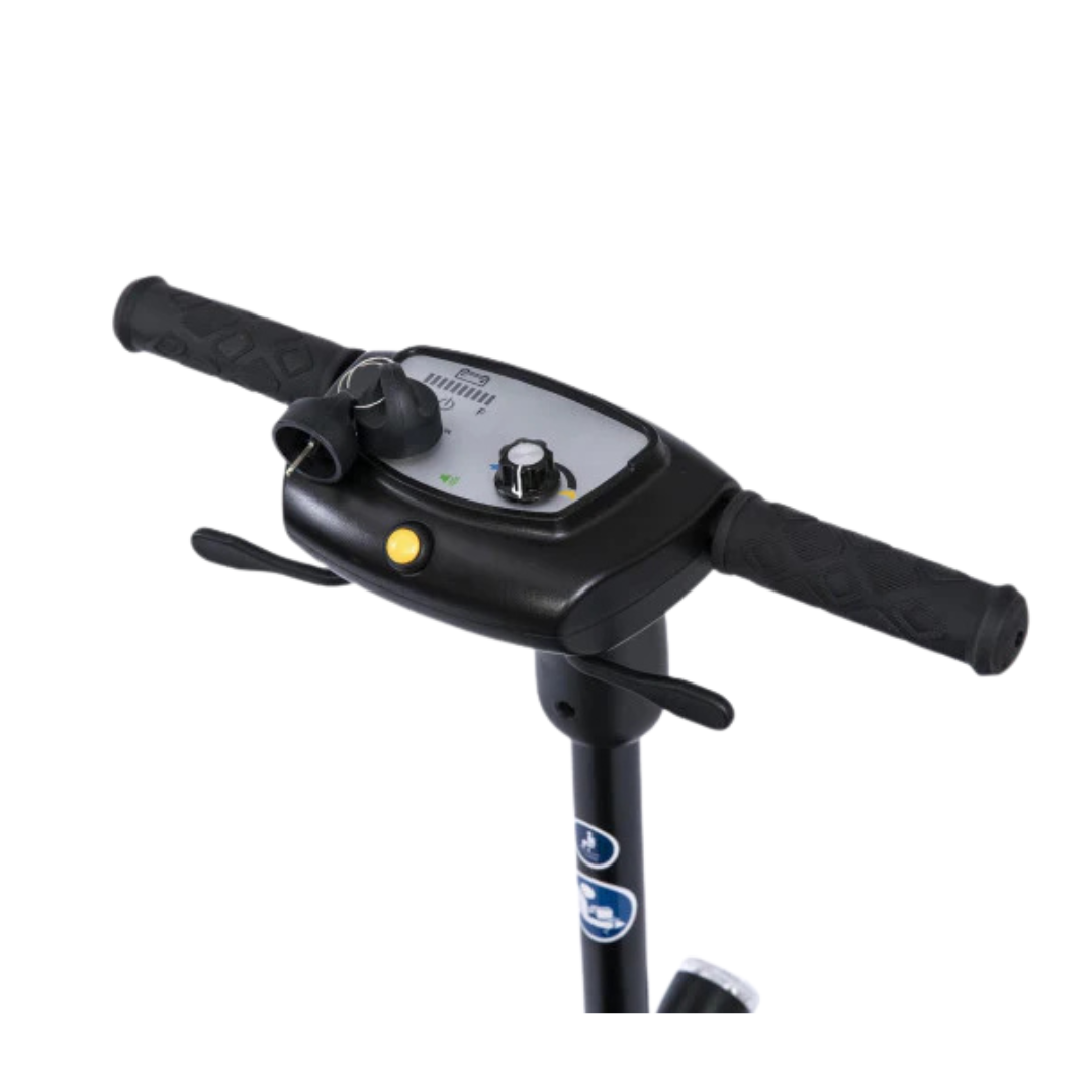 The Feather Ultralite Portable Scooter—only 37 lbs—displays handlebars with black rubber grips, a central control knob, buttons, and indicator lights against a white background.