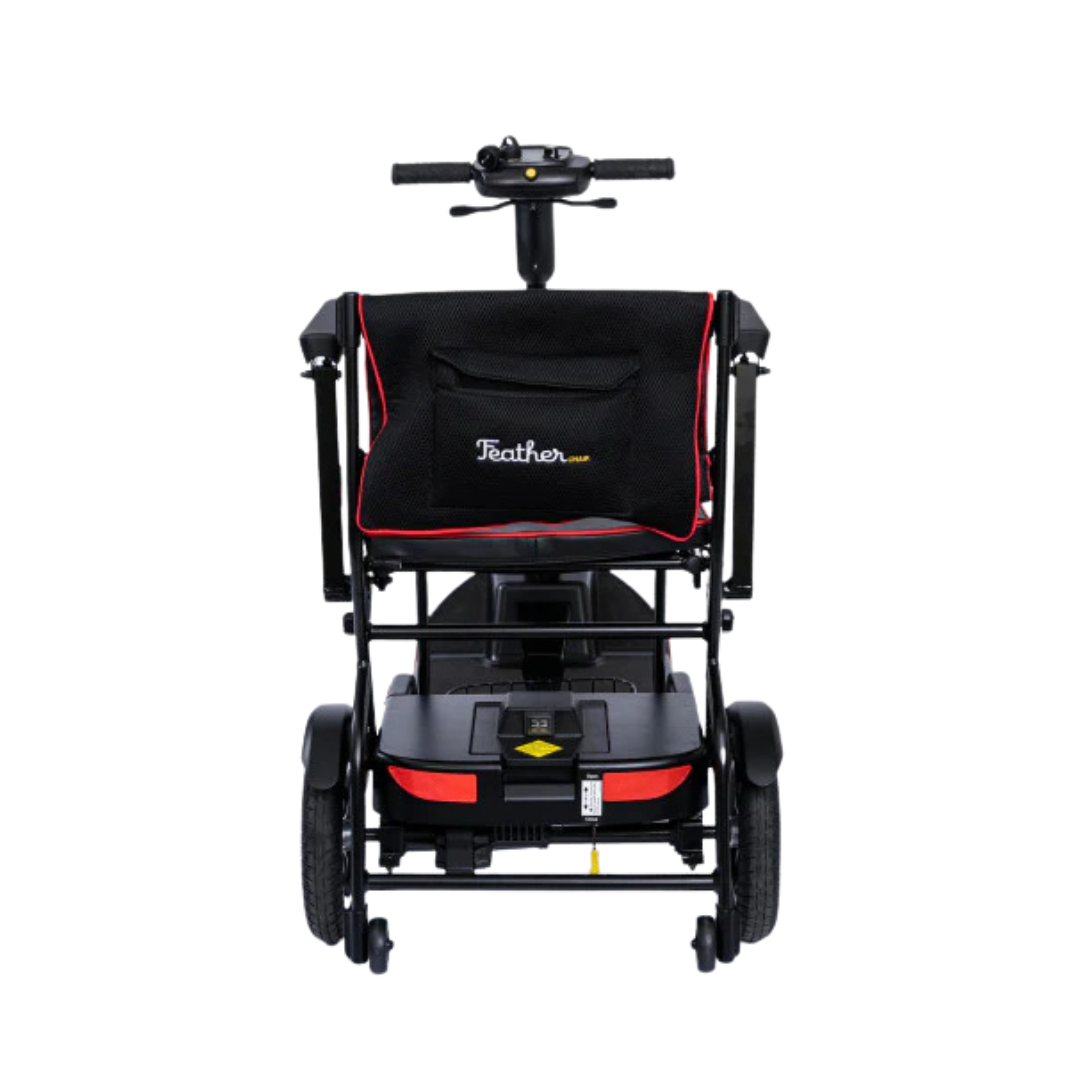Front view of the Feather Ultralite Portable Scooter—only 37 lbs—a black, motorized, compact scooter with a storage pouch labeled "Feather," visible control panel and wheels, shown against a white background to highlight its portability.