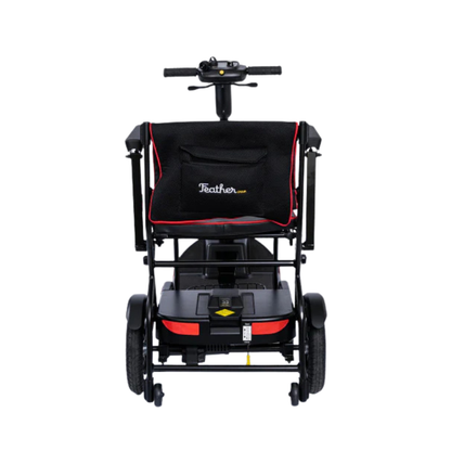 Front view of the Feather Ultralite Portable Scooter—only 37 lbs—a black, motorized, compact scooter with a storage pouch labeled "Feather," visible control panel and wheels, shown against a white background to highlight its portability.