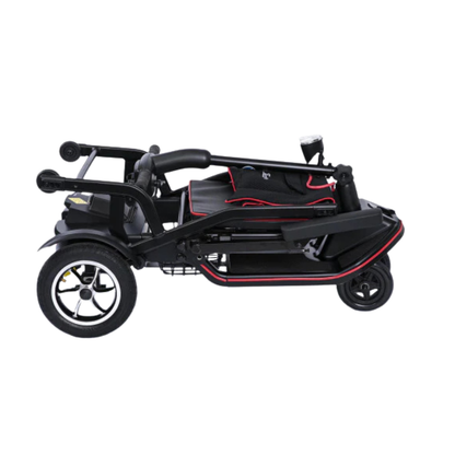 The Feather Ultralite Portable Scooter - Only 37 lbs, in black and red, is shown folded from the side against a white background—an ideal lightweight folding mobility scooter for easy transport or storage.