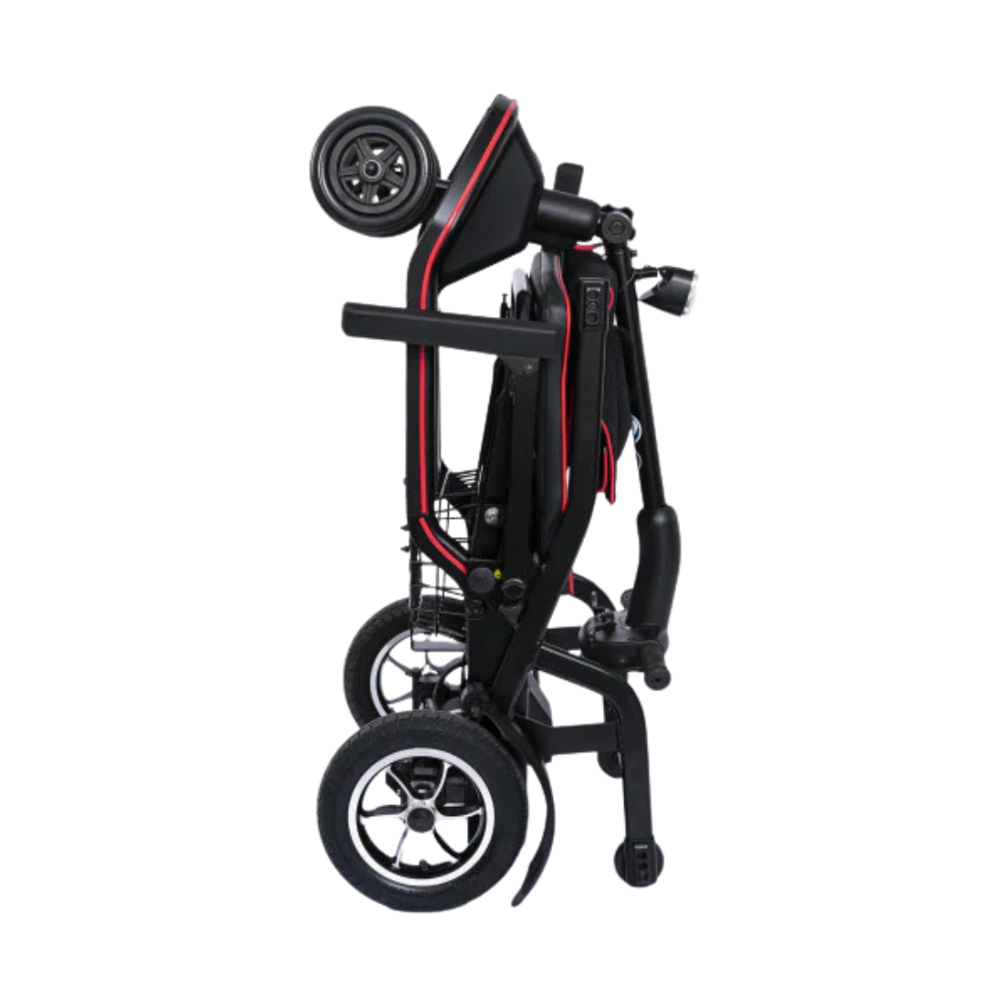 The Feather Ultralite Portable Scooter, weighing only 37 lbs, is shown fully folded upright with three visible wheels and a mesh storage basket—much like a compact baby stroller for easy transport.