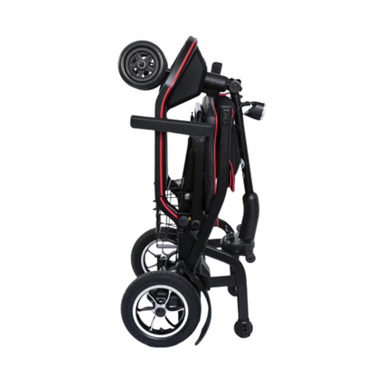 The Feather Ultralite Portable Scooter, weighing only 37 lbs, is shown fully folded upright with three visible wheels and a mesh storage basket—much like a compact baby stroller for easy transport.