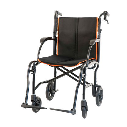 The Feather Ultralite Transport Chair weighs only 13 lbs, comes in black with orange trim, and includes armrests, footrests, and four small wheels—designed for ultra-lightweight, convenient mobility.