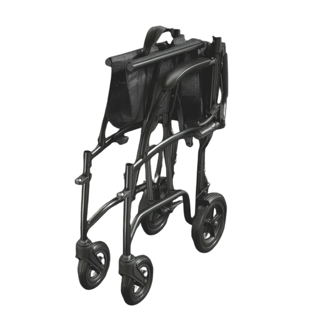 The Feather Ultralite Transport Chair - Only 13 lbs is shown folded on a white background, highlighting its compact four-wheel design for easy storage and transport.
